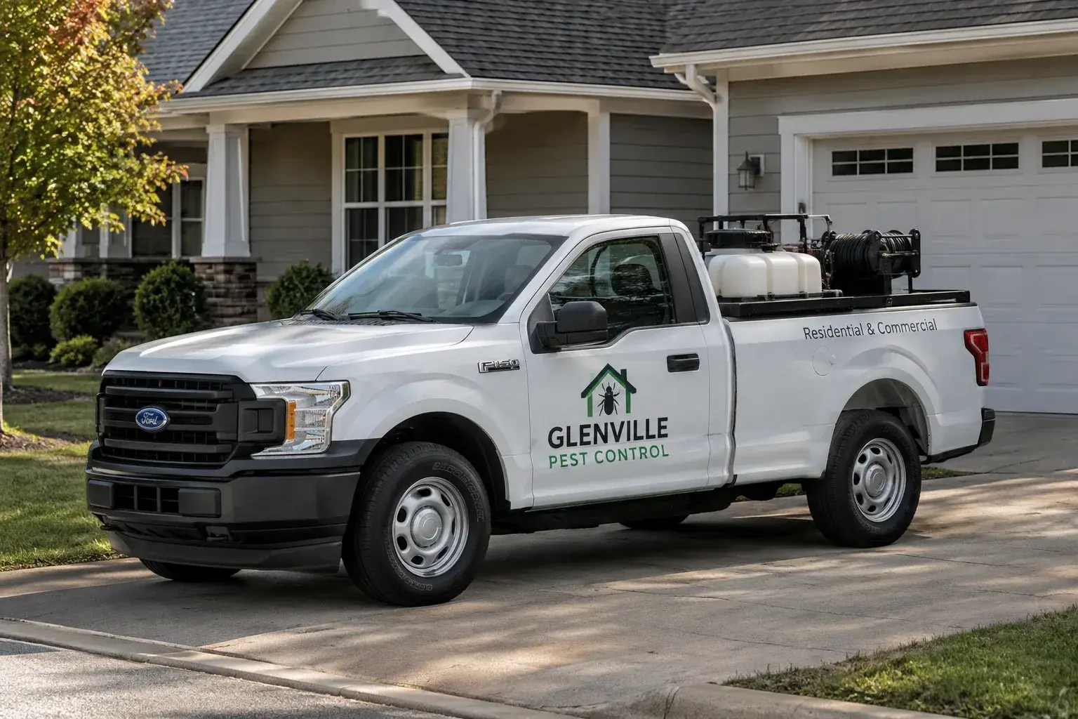 Glenville Pest Control service truck parked in the driveway of a Cleveland-area home